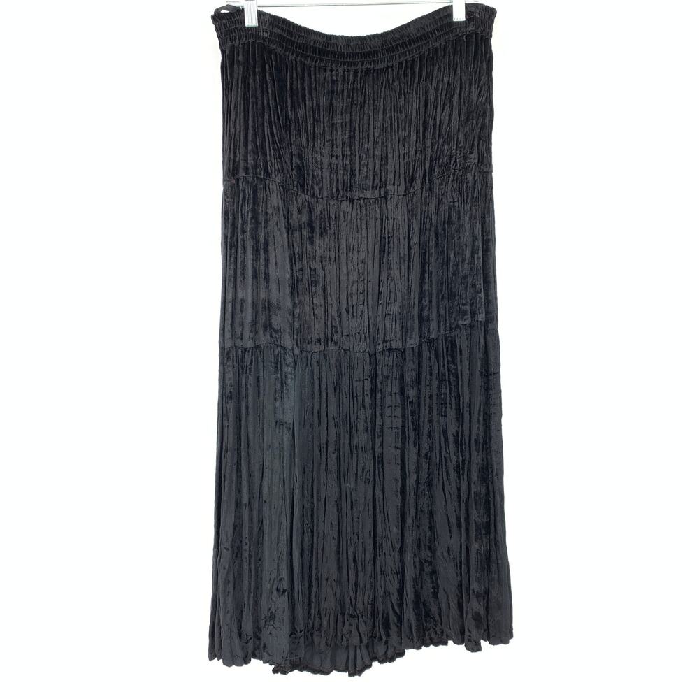 Vintage 90s Nostalgia Pull On Waist A-Line Tiered Crushed Black Velvet Womens L